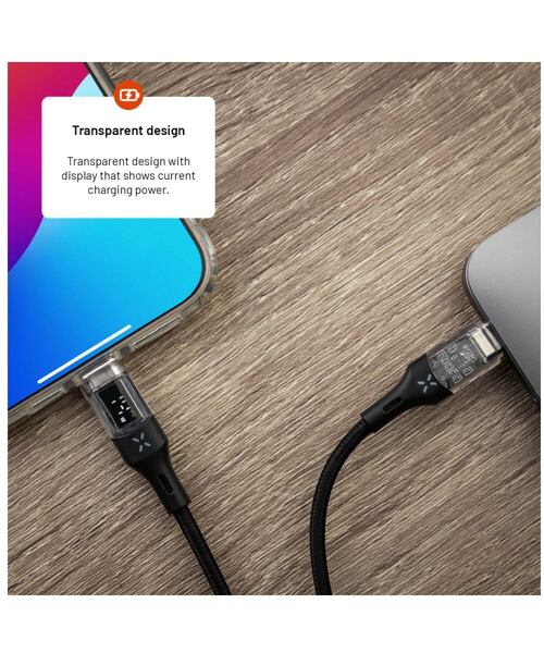 Nabíjecí a datový kabel FIXED s displejem s konektory USB-C/USB-C a podporou PD, 1.2m, USB 2.0, 100W