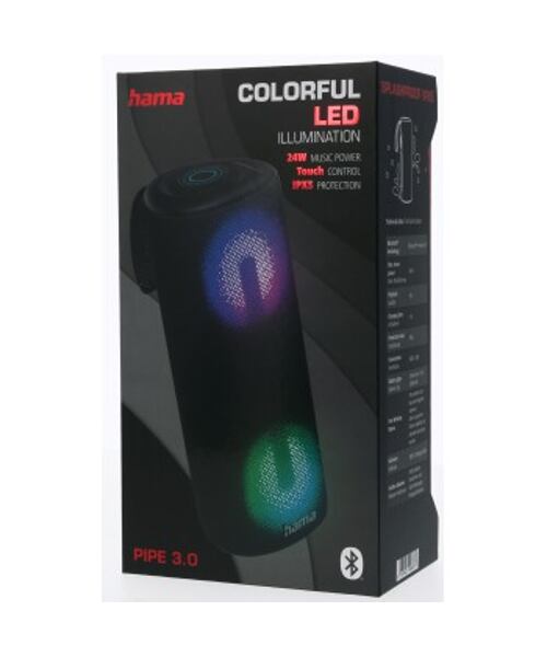 Hama Pipe 3.0, Bluetooth reproduktor, vodě odolný podle IPX5, 24 W, 10 světelných, režimů, černý