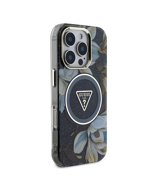 Guess IML Glitter Magnolia and Triangle Logo MagSafe Zadní Kryt pro iPhone 16 Pro Max Black