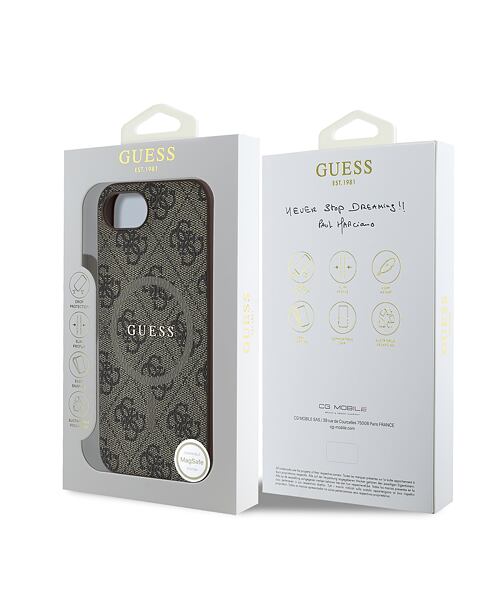 Guess PU Leather 4G Colored Ring MagSafe Zadní Kryt pro iPhone 16e Brown