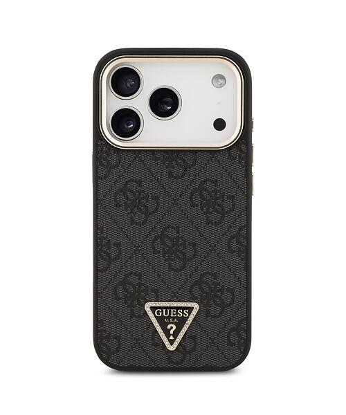 Guess PU Leather 4G Strass Triangle Logo Gold Frame MagSafe Zadní Kryt pro iPhone 17 Pro Black