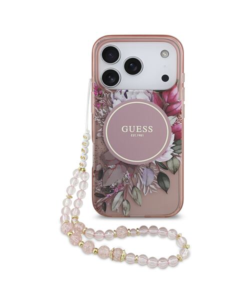 Guess IML Flowers Strap MagSafe Zadní Kryt pro iPhone 17 Pro Pink