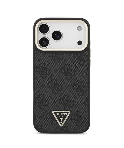 Guess PU Leather 4G Strass Triangle Logo Gold Frame MagSafe Zadní Kryt pro iPhone 17 Pro Max Black