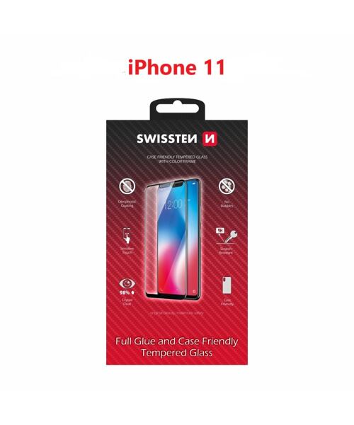 SKLO SWISSTEN FULL GLUE, COLOR FRAME, CASE FRIENDLY PRO APPLE IPHONE 11 ČERNÉ