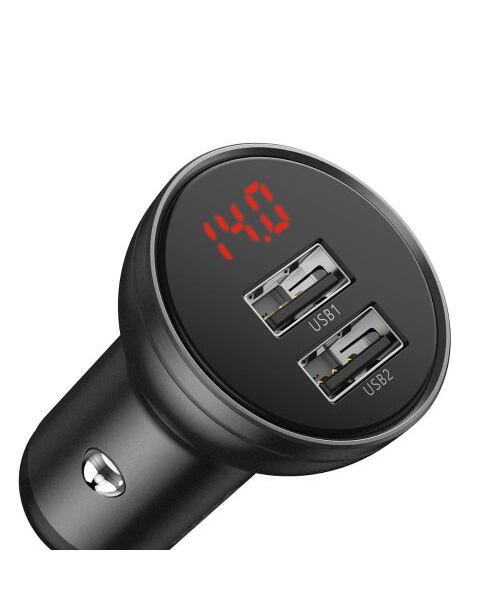 Baseus rychlonabíječka do auta 2xUSB 4,8A 24W s displejem + 3v1 kabel černá