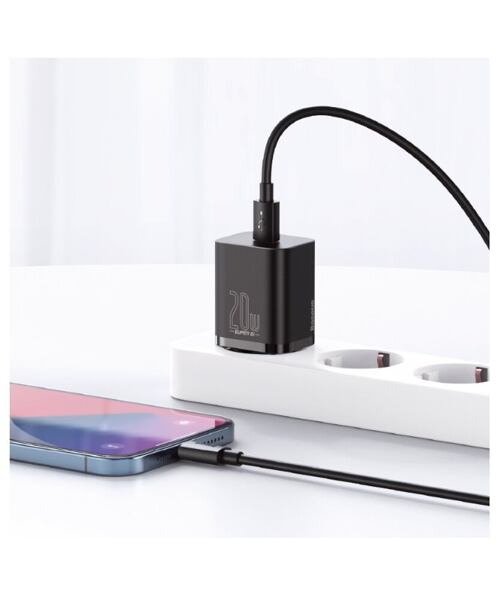 Baseus rychlonabíječka do sítě Super Si USB-C PD QC 20W černá s kabelem USB-C/Lightning 1m