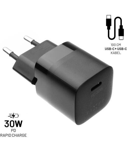Set síťové nabíječky FIXED Mini s USB-C výstupem a USB-C/USB-C kabelu, podpora PD, 1 metr, 30W, čern