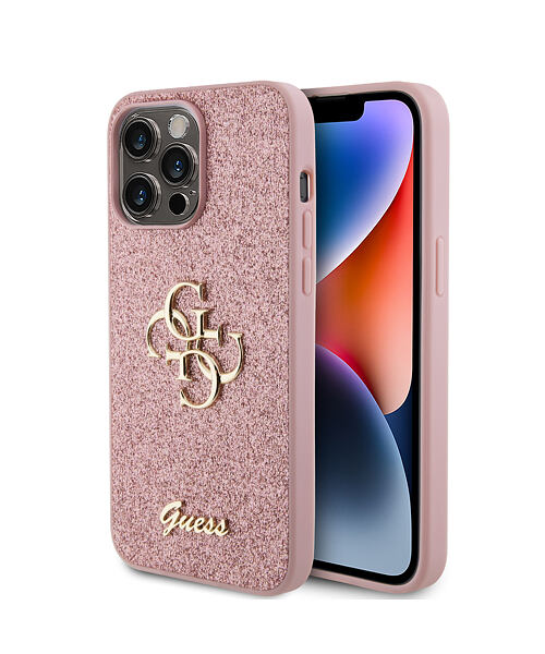 Guess PU Fixed Glitter 4G Metal Logo Zadní Kryt pro iPhone 15 Pro Max Pink