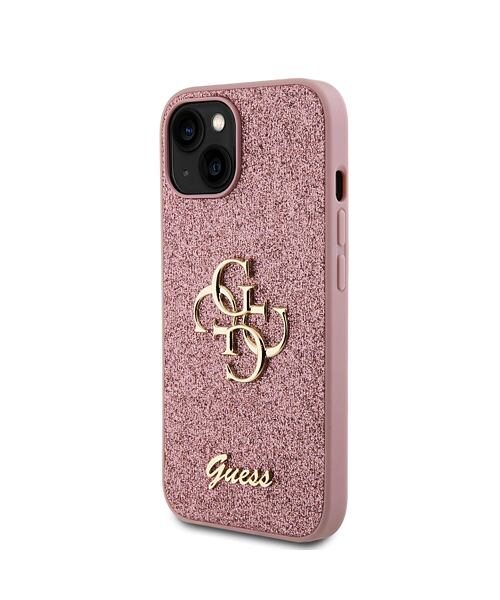 Guess PU Fixed Glitter 4G Metal Logo Zadní Kryt pro iPhone 15 Pink