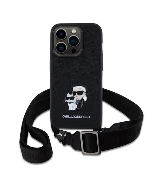 Karl Lagerfeld Saffiano Crossbody Popruh Metal Karl and Choupette Zadní Kryt pro iPhone 15 Pro Black