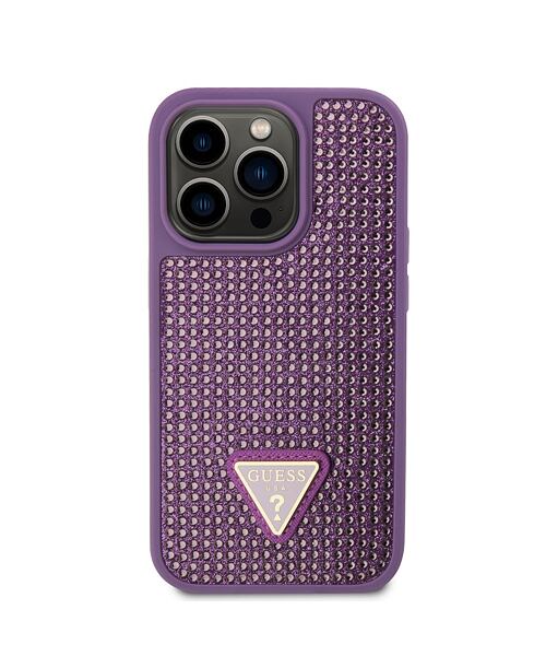 Guess Rhinestones Triangle Metal Logo Kryt pro iPhone 15 Pro Purple