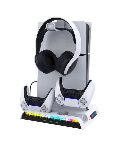 iPega P5S006 Multifunkční Nabíjecí RGB Stojan s Chlazením pro PS5 Slim White