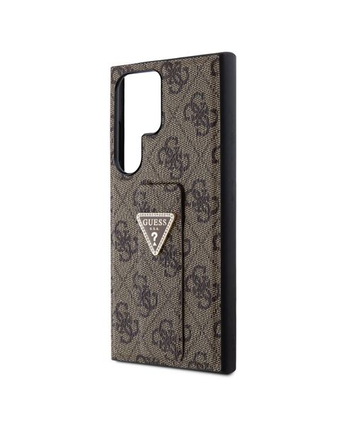 Guess PU Grip Stand 4G Strass Triangle Metal Logo Zadní Kryt pro Samsung Galaxy S24 Ultra  Brown