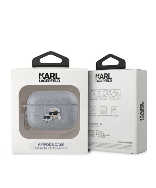 Karl Lagerfeld PU Embossed Karl and Choupette Heads Pouzdro pro AirPods Pro 2 Silver