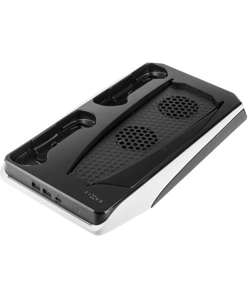 Multifunkční stanice FIXED pro PlayStation 5 s chlazením a nabíjením pro dva ovladače DualSense, čer