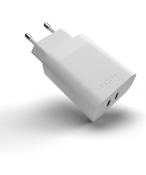 Síťová nabíječka FIXED s 2x USB-C výstupem, podpora PD, 35W, bílá