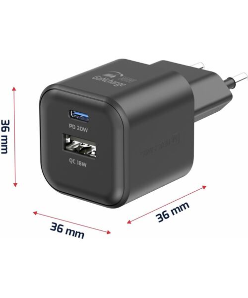 SWISSTEN SÍŤOVÝ ADAPTÉR GaN 1x USB-C 20W PD + 1x USB-A 18W QC ČERNÝ