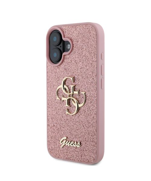 Guess PU Fixed Glitter 4G Metal Logo Zadní Kryt pro iPhone 16 Pink