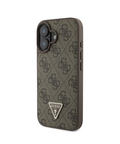 Guess PU 4G Strass Triangle Metal Logo Zadní Kryt pro iPhone 16 Brown