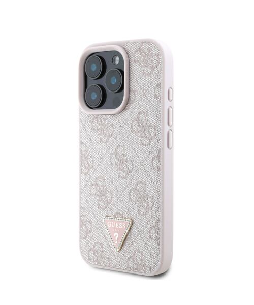 Guess PU 4G Strass Triangle Metal Logo Zadní Kryt pro iPhone 16 Pro Max Pink