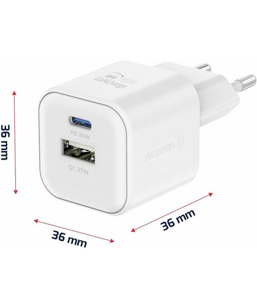 SWISSTEN SÍŤOVÝ ADAPTÉR GaN 1x USB-C 35W PD + 1x USB-A 27W QC BÍLÝ