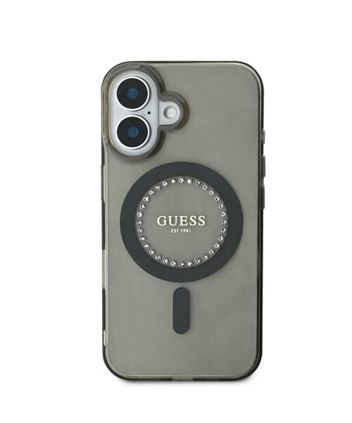Guess IML Rhinestones Ring MagSafe Zadní Kryt pro iPhone 16 Black