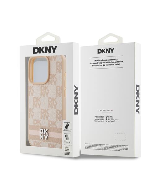 DKNY PU Leather Checkered Pattern and Stripe Zadní Kryt pro iPhone 14 Pro Pink