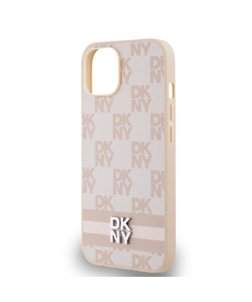 DKNY PU Leather Checkered Pattern and Stripe Zadní Kryt pro iPhone 14 Pink
