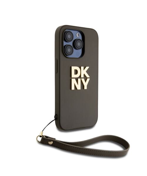 DKNY PU Leather Stack Logo Wrist Strap Zadní Kryt pro iPhone 14 Pro Brown