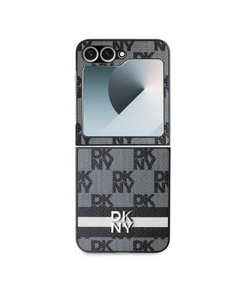 DKNY PU Leather Checkered Pattern and Stripe Zadní Kryt pro Samsung Galaxy Z Flip 6/7 FE Black