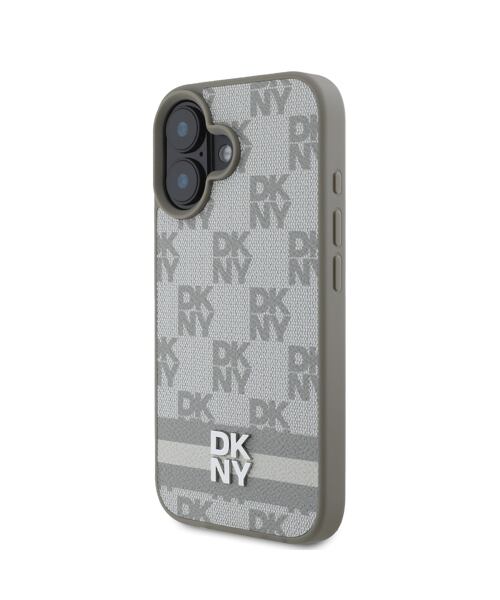DKNY PU Leather Checkered Pattern and Stripe Zadní Kryt pro iPhone 16 Beige