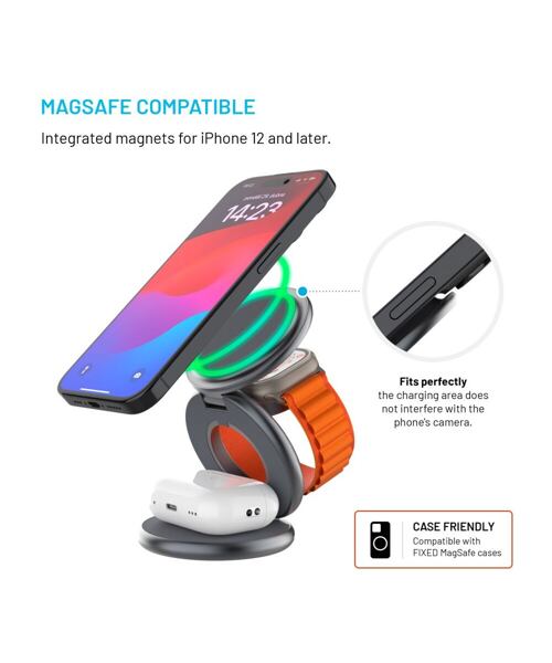 Bezdrátová skládací nabíječka 3v1 FIXED MagPowerstation Round s podporou MagSafe, 15W+5W+5W, šedá