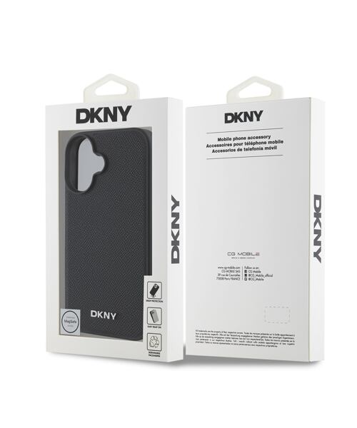 DKNY PU Leather Silver Metal Logo Magsafe Zadní Kryt pro iPhone 16 Plus Black