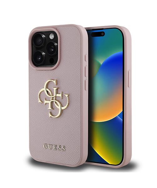 Guess PU Grained 4G Metal Logo Zadní Kryt pro iPhone 15 Pro Max Pink