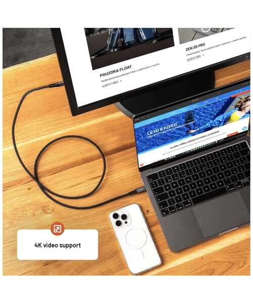 Nabíjecí a datový opletený kabel FIXED s konektory USB-C/USB-C, PD 3.1, 1.2 m, USB4gen2 20Gbps, 4K60