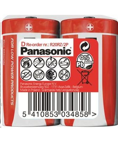 PANASONIC Zinkouhlíkové baterie Red Zinc R20RZ/2P D 1,5V (shrink 2ks)