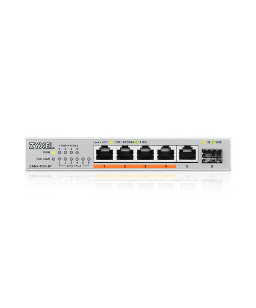 Zyxel XMG-105HP 5 Ports 2,5G + 1 SFP+, 4 ports 70W total PoE++ Desktop MultiGig unmanaged Switch