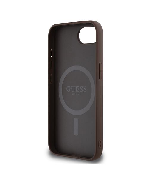 Guess PU 4G Strass Triangle Metal Logo MagSafe Zadní Kryt pro iPhone 16e Brown