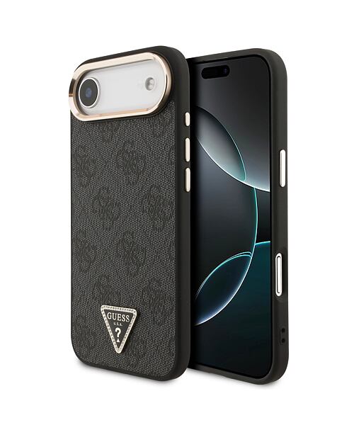 Guess PU Leather 4G Strass Triangle Logo Gold Frame MagSafe Zadní Kryt pro iPhone Air Black