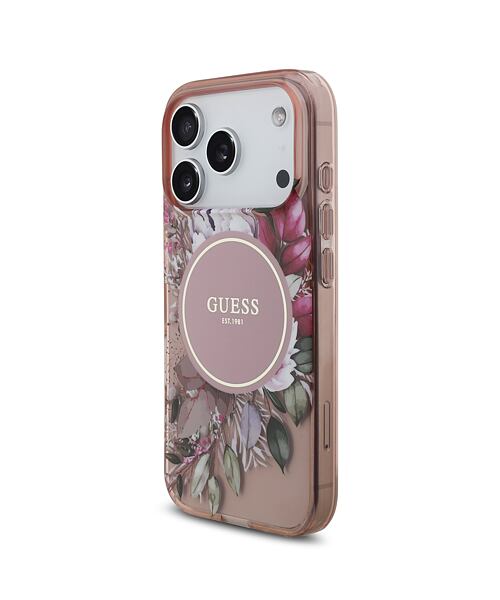 Guess IML Flowers Strap MagSafe Zadní Kryt pro iPhone 17 Pro Pink