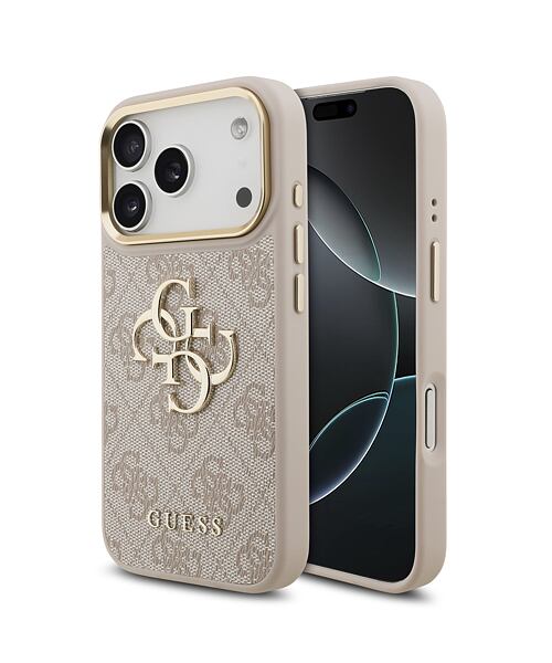 Guess PU Leather 4G Metal Logo Gold Frame Zadní Kryt pro iPhone 17 Pro Pink
