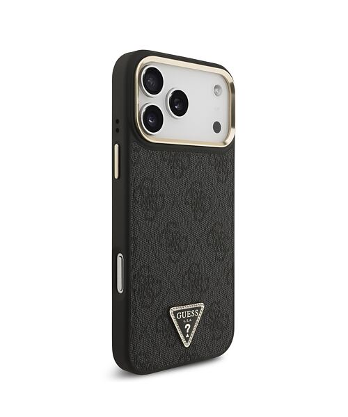 Guess PU Leather 4G Strass Triangle Logo Gold Frame MagSafe Zadní Kryt pro iPhone 17 Pro Max Black