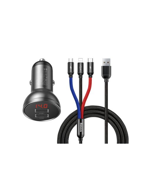 Baseus rychlonabíječka do auta 2xUSB 4,8A 24W s displejem + 3v1 kabel černá