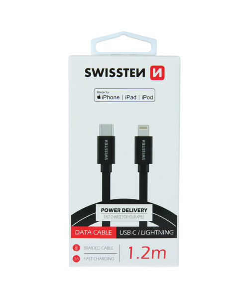 DATOVÝ KABEL SWISSTEN TEXTILE USB-C / LIGHTNING MFi 1,2 M ČERNÝ