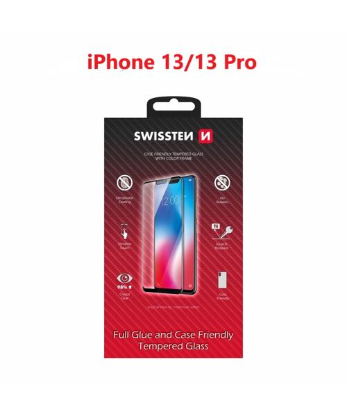 SKLO SWISSTEN FULL GLUE, COLOR FRAME, CASE FRIENDLY PRO APPLE IPHONE 13/13 PRO ČERNÉ
