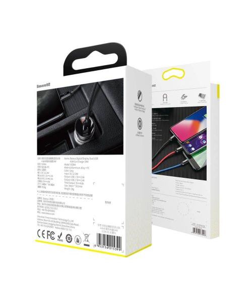 Baseus rychlonabíječka do auta 2xUSB 4,8A 24W s displejem + 3v1 kabel černá