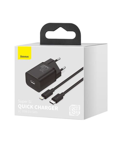 Baseus rychlonabíječka do sítě Super Si USB-C PD QC 20W černá s kabelem USB-C/Lightning 1m