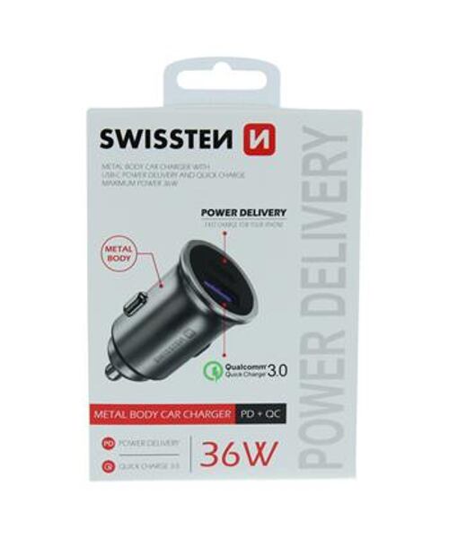 SWISSTEN CL ADAPTÉR POWER DELIVERY USB-C + QUICK CHARGE 3.0 36W METAL STŘÍBRNÝ