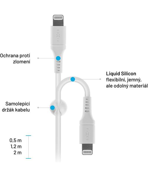 Krátký nabíjecí a datový Liquid silicone kabel FIXED s konektory USB-C/Lightning a podporou PD, 0.5m