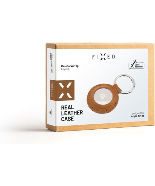 Pouzdro FIXED Case for AirTag z pravé hovězí kůže s karabinou, hnědé